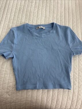 Zara Sky Blue Ribbed Cropped Tee